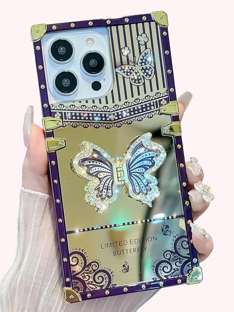 Cute Compatible with iPhone 16 Pro Max Case,Luxury Bling Butterfly with Foldable Stand Kickstand for Women Girls,Glossy Mirror Shockproof Protective Case for 16 Pro Max 6.9(Purple) (Mirror Purple)