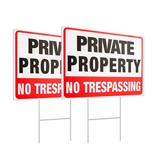 MUXYH 2 Pack Private Property No Trespassing Signs with Metal Wire H-Stakes, 12'' X 9'' Corrugated Plastic Double Sided No Trespassing Sign Protect Your Home, Safety and Privacy