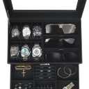 Watch Jewelry Box Organizer, 6-Slot 2-Layer Watch Case and Sunglasses Storage with Large Glass Lid, Men's Jewelry Box with Lock, Watch Holder Display Case, Gift for Men Women