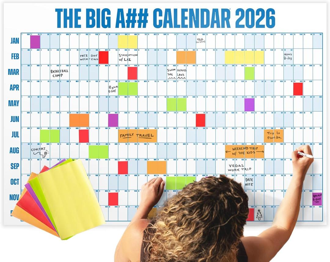 The Big A## Calendar Full-Year Wall Calendar  2026 Dry-Erase  Includes 1 Marker & 100 Labels  Lightweight, Easy to Hang Yearly Calendar  Year at a Glance  Plan Big Goals & Adventures  Blue