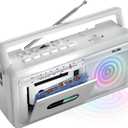 KLIM Portable Cassette Player & Tape Recorder  Boombox with AM/FM Radio, USB, Bluetooth, Speaker, and Earphone Jack  Battery and AC Operated - Frost White