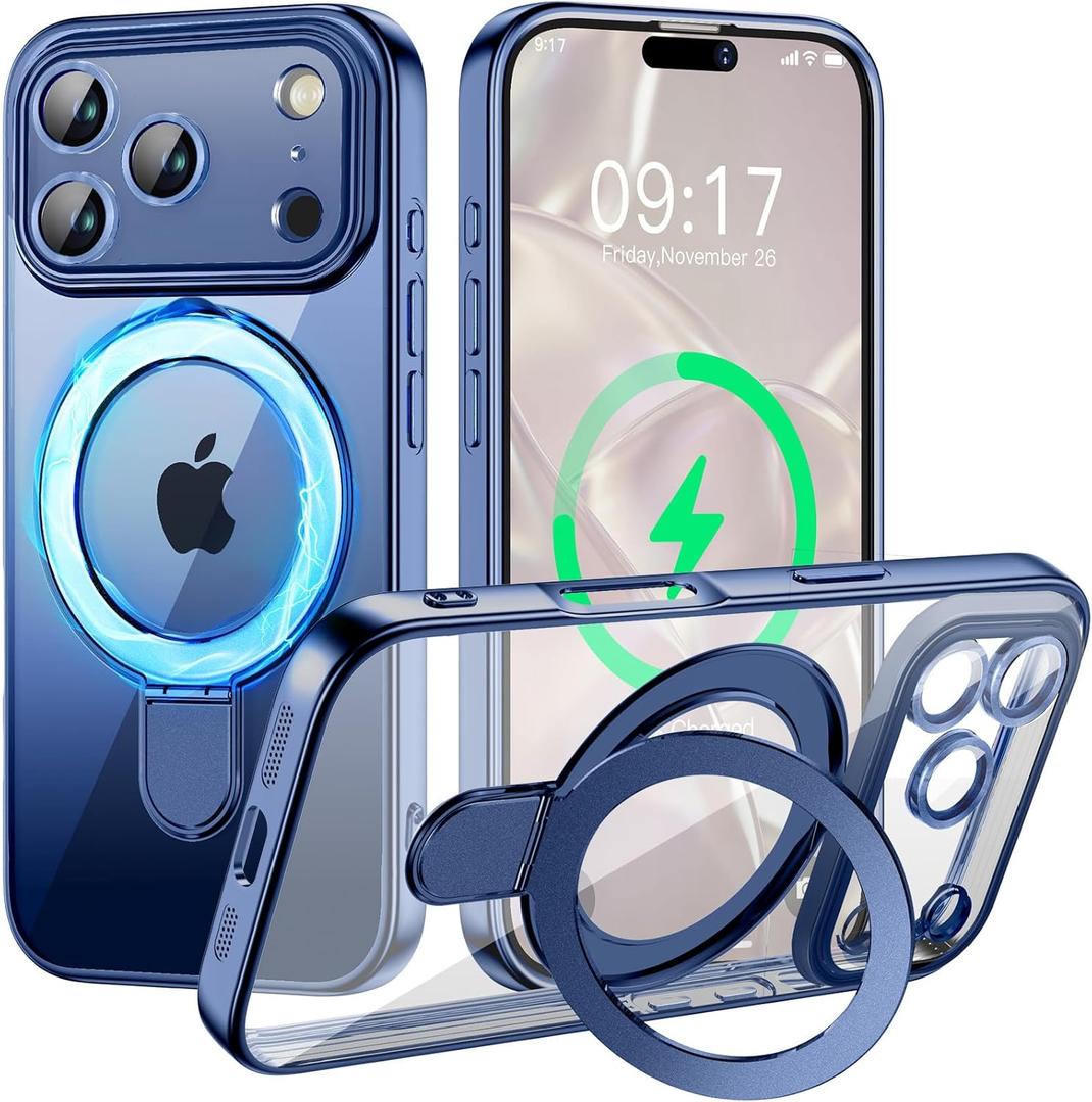 Magnetic for iPhone 17 Pro Max Case with Invisible Stand[Compatible with MagSafe][Full Camera Lens Protector][Military Drop Protection] Shockproof Not Yellowing Clear Slim Soft for Women Men (Blue Titanium)