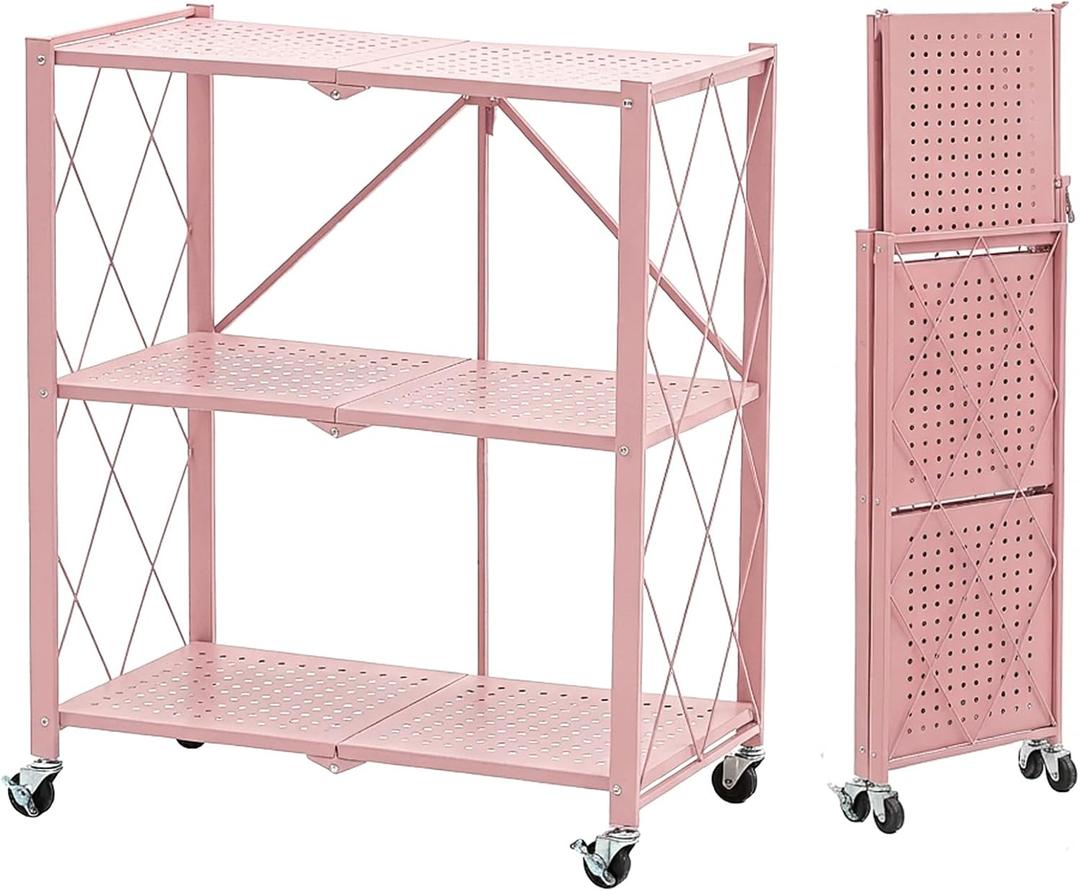BRIAN & DANY 3-Tier Foldable Storage Shelves with Wheels, No Assembly Folding Shelf Metal Rack, Shelving Unit for Kitchen, Garage, Pink