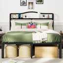 Full Size Bed Frame with Headboard 18 Inch Tall Bed Frames with Storage & Charging Station Black Basic Bed Base Mattress Foundation,No Box Spring Needed,Heavy Duty Metal (18 Inch, Full)