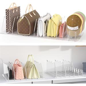 Purse Organizer for Closet, Sleek Transparent Acrylic Shelf Dividers, Adjustable Bag Organizer with 8 Baffles + 1 Hat Stand for Handbags & Baseball Caps