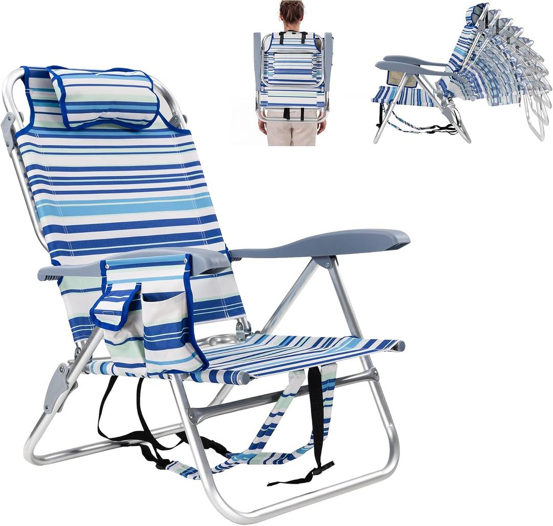 Portable Beach Chair for Adults Lightweight Outdoor Camping Chair Lay Flat Folding Backpack Beach Reclining Chair with 8 Positions Headrest Cup Holder Towel Bar Pouch, Blue Ocean Striped, 23"D x 23"W x 31.5"H