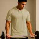 TACVASEN Short Sleeve Hoodies for Men Cotton Hoodies Summer Sweatshirt Lightweight Breathable Workout Shirts Pullover (Beige, M)