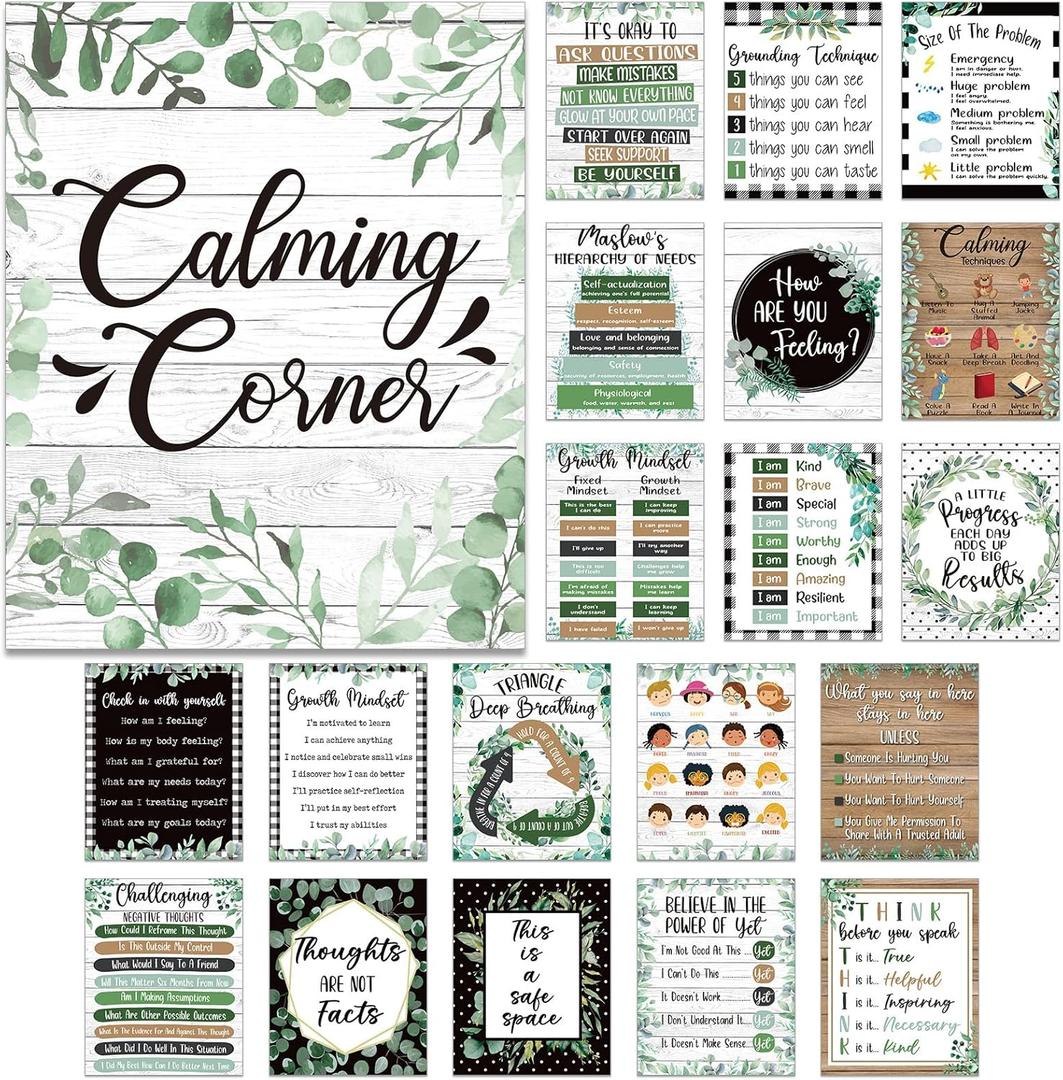 Harloon 20 Pcs Calming Corner Classroom Posters Mental Health Posters Therapy Office Feelings Chart Home Preschool Elementary Classroom Educational Decorations for Teachers Kids(Farmhouse)