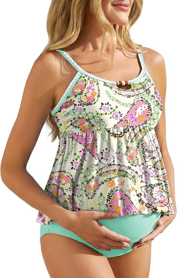 Summer Mae Maternity Two Piece Swimsuit Tankini Ruffle Hem Bathing Suit Shell Stitched Bead Boho Pregnancy Swimwear for Beach