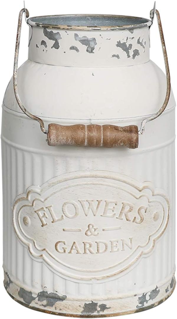 Yoillione Milk Jug Vase White Farmhouse Decor, Country Metal Flower Rustic Jug for Artificial Flowers, Cream Pitcher Vintage Shabby Chic, French Bucket With Handle (Small)