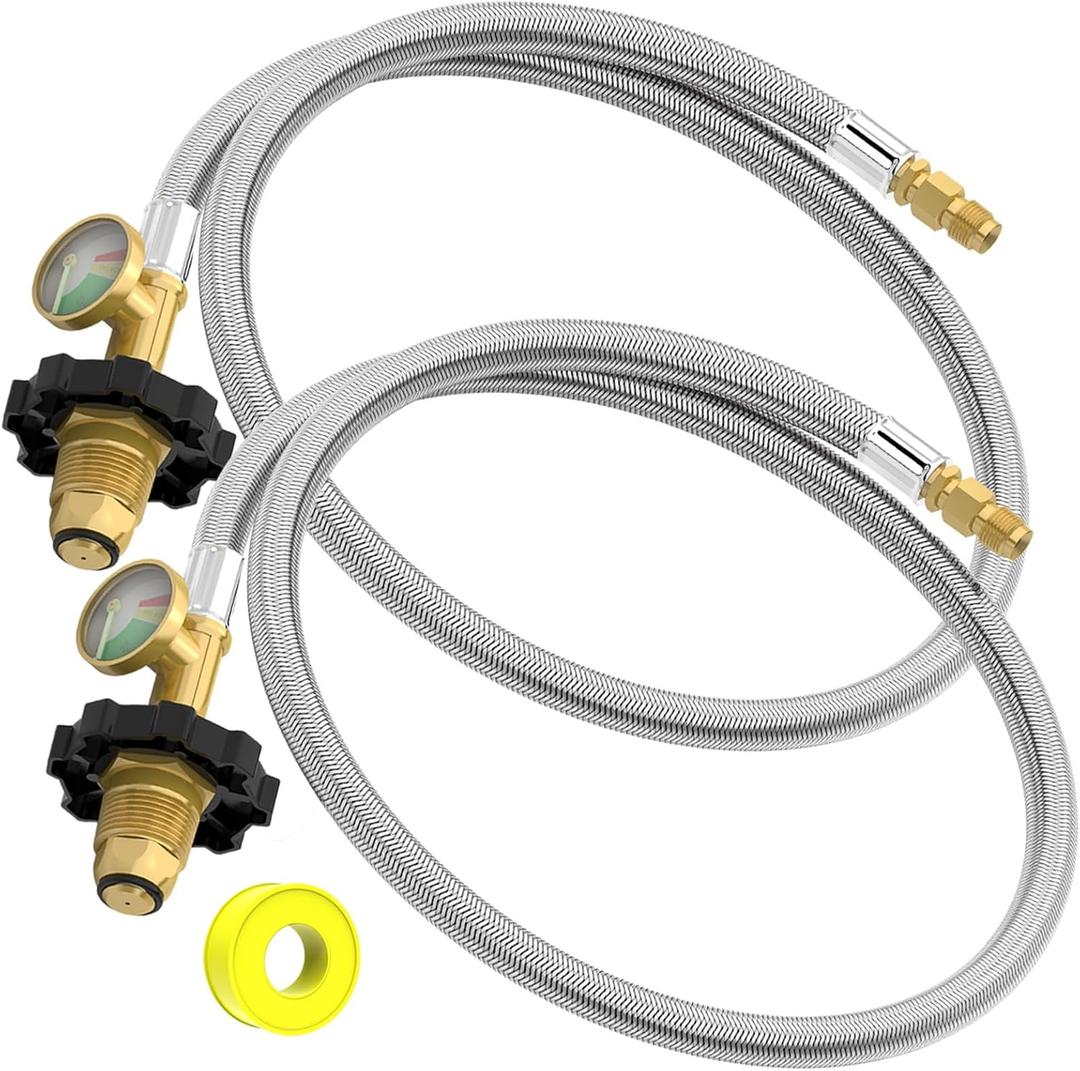 2 Packs RV Propane Pigtail Hoses with Gauge,36 Inch Stainless Steel Braided Camper Tank Hose, Rv lp Gas Hoses Connector for Standard Two-Stage Regulator, 5-100lb, 1/4" inverted male flare / POL Fitting