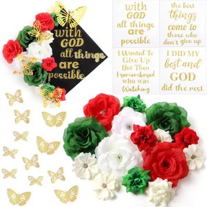 31 Pcs DIY Graduation Cap Decorations Accessory Kit Include Faux Flower Heads Graduation Quotes Glitter Stickers 3D Butterfly Stickers for Grad Cap Topper Gift, Red/White/Green)