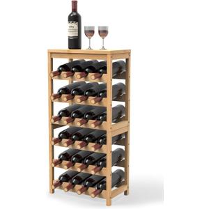 6 Tier Wine Rack Freestanding Floor, 24-Bottle Bamboo Wine Storage Shelf Display Rack with Table Top for Kitchen Bar Cellar