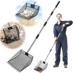 CAROD Chicken Poop Scooper & Rake 2-in-1, Metal Chicken Scoop with 24 to 68" Adjustable Stainless Steel Handle, Litter Scooper Sand Sifting Shovel Chicken Coops/Animals House