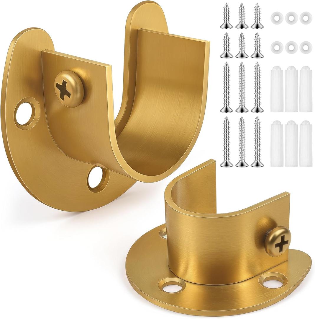 2Pcs Heavy Duty Stainless Steel Closet Rod Bracket Holder (Gold, 1.0")