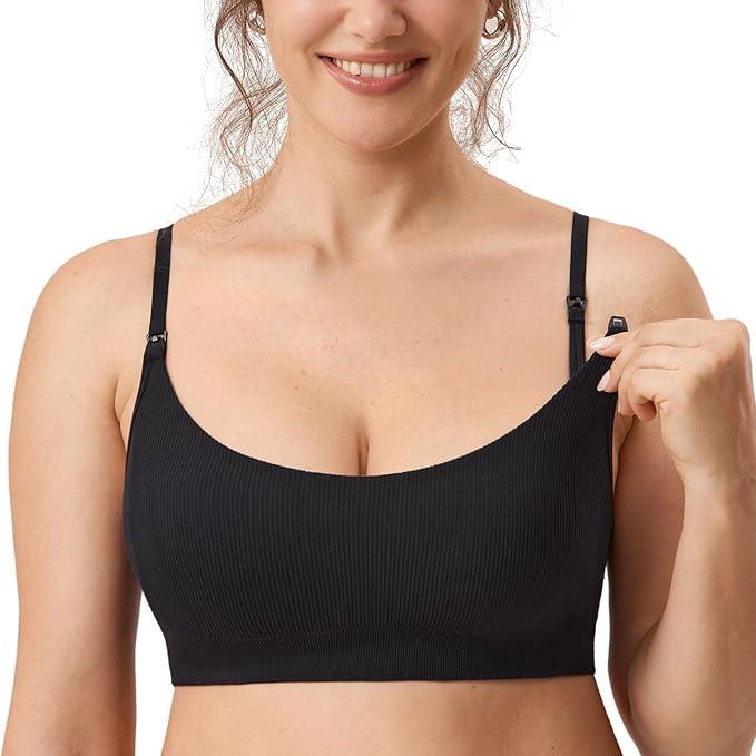 MOMANDA Ribbed Nursing Bras for Breastfeeding Support Maternity Sports Bra Wireless Seamless Sleep Bralettes, Large