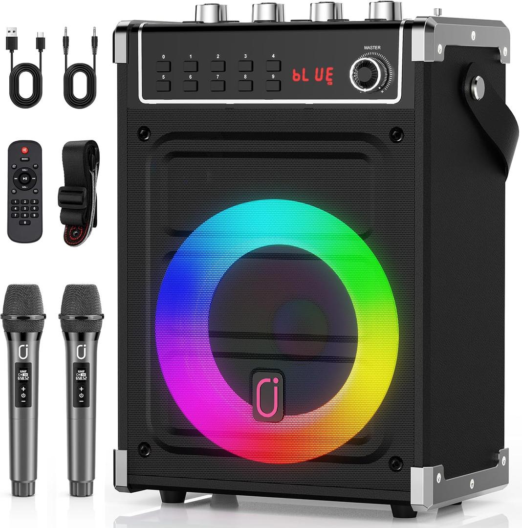 JYX Karaoke Machine with 2 Wireless Microphones, Portable Bass/Treble Bluetooth Speaker with LED Light, Support TWS, AUX in, FM, REC PA System with Remote Control, Supply for Party/Adults/Kids (30 Watt-Black)