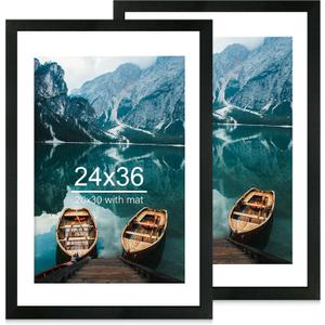 Hongkee 24x36 Poster Frame Set of 2, Rustic Black Wood Style - Display 24 x 36 Poster without Mat or 20x30 Picture with Mat, Wall Mounting Horizontal and Vertical