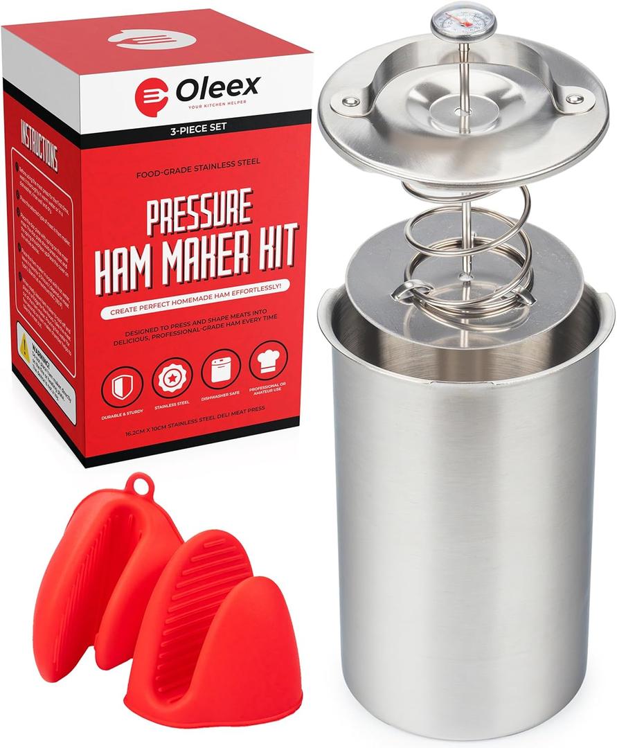 Oleex Lunch Meat Press Mold for Deli Meats-Homemade Ham Maker Meat Press Tool with Cooking Thermometer & Silicone Kitchen Mittens-Multipurpose Stainless Steel Pressure Sandwich Lunchmeat Press Maker