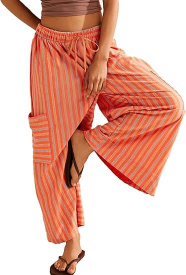 EVALESS Women Palazzo Pants Summer Casual Wide Leg High Waist Lounge Flowy Beach Striped Trousers Travel Vacation Outfits Size M