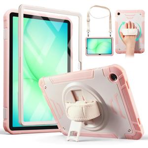 CoBak Hard Duty Case for Samsung Galaxy Tab A11+ Plus 11" 2025/A9+ 11" 2023, Military Grade Shockproof with Built-in Screen Protector, 360° Rotating Stand with Hand/Shoulder Strap, Pink