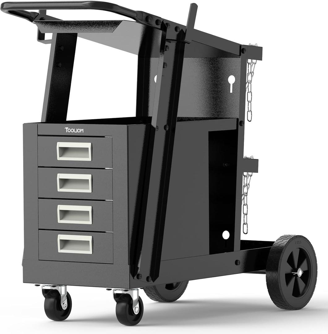 TOOLIOM Welding Cart with 4 Drawers Cabinet,Rolling Welder Cart for TIG MIG Welder and Plasma Cutter 360 Swivel Wheels Welding Trolley