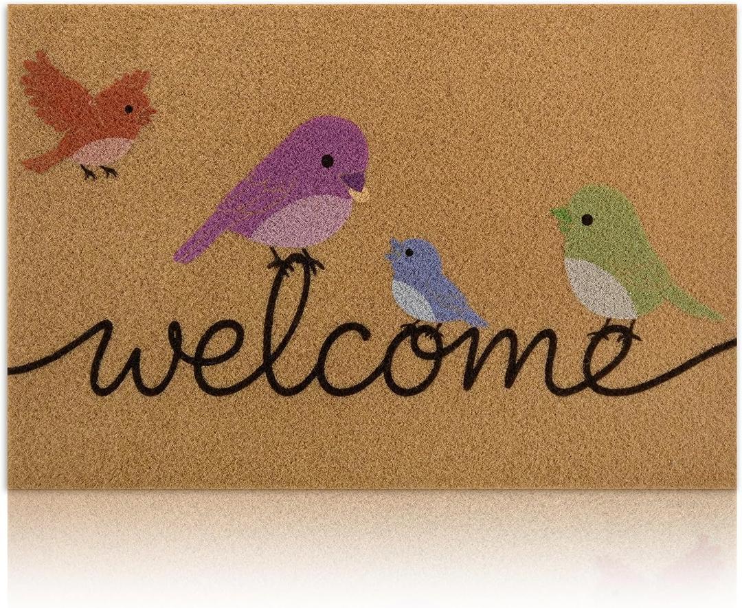 Yinhua Colorful Birds Coir Door Mat, Heavy Duty Welcome Mat with Non-Slip Rubber Backing, Low Pile Front Door Mats for Outside Entrance, Natural Entry Mats Coconut Fiber Surface for Porch 17"x30"