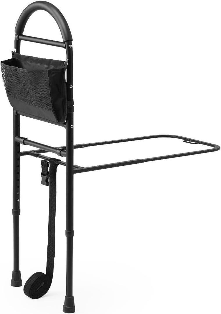 Medline Bed Assist Bar with Storage Pocket, Height Adjustable Bed Rail for Elderly Adults, Assistance for Getting In and Out of Bed at Home, Black 
