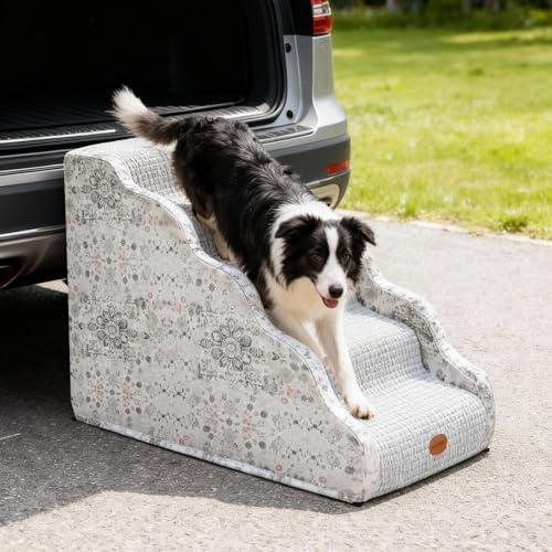 Woochpet Side Armrest Dog Stairs for High Beds Up to 26-30",5 Tier Wider Curved with Weighted Base Plate, Washable Cover Gentle Slope Steps, Bed & Couch Ladder for Small Medium Dogs & Senior Cat