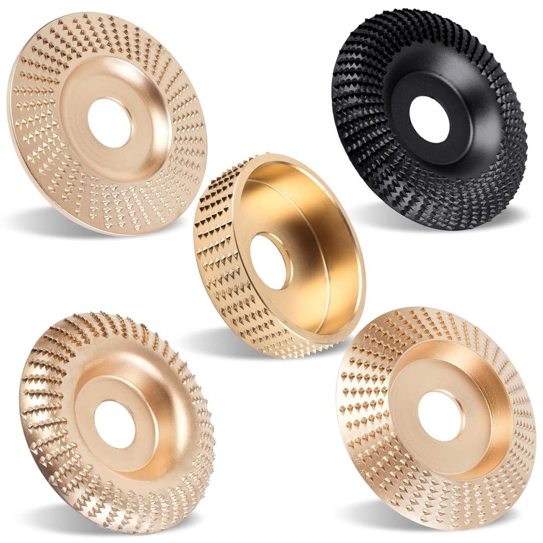 Pomsare 5PCS Angle Grinder Wood Carving Disc Set, 4 and 4 1/2 Angle Grinder Attachments with 5/8 inch Arbor, StumpGrinder Tool Grinding Wheel Shaping Disc for Wood Cutting, Cutting Wheel
