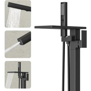 Freestanding Bathtub Faucet with Handheld Sprayer, Matte Black Floor Mount Tub Filler, High Flow Waterfall Brass Bath Shower Faucet for Modern Bathroom