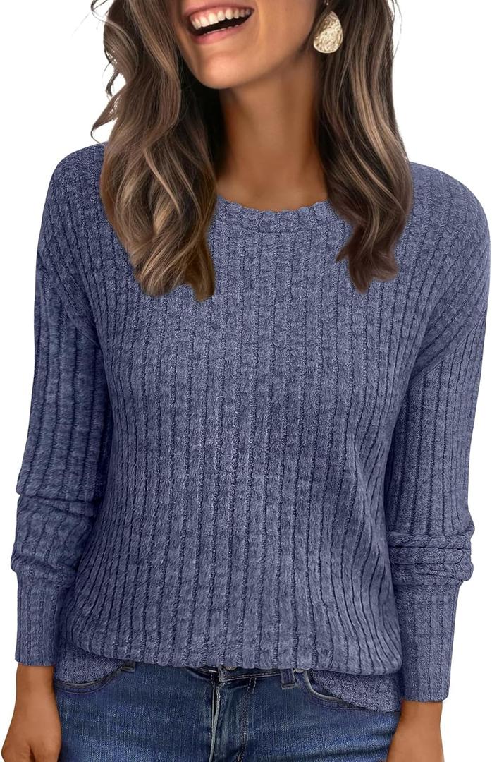 ANRABESS Women Long Sleeve Shirts Business Casual Tunic Tops Fall Lightweight Sweaters Dressy Blouses 2025 Fashion Outfits (Blue, S)