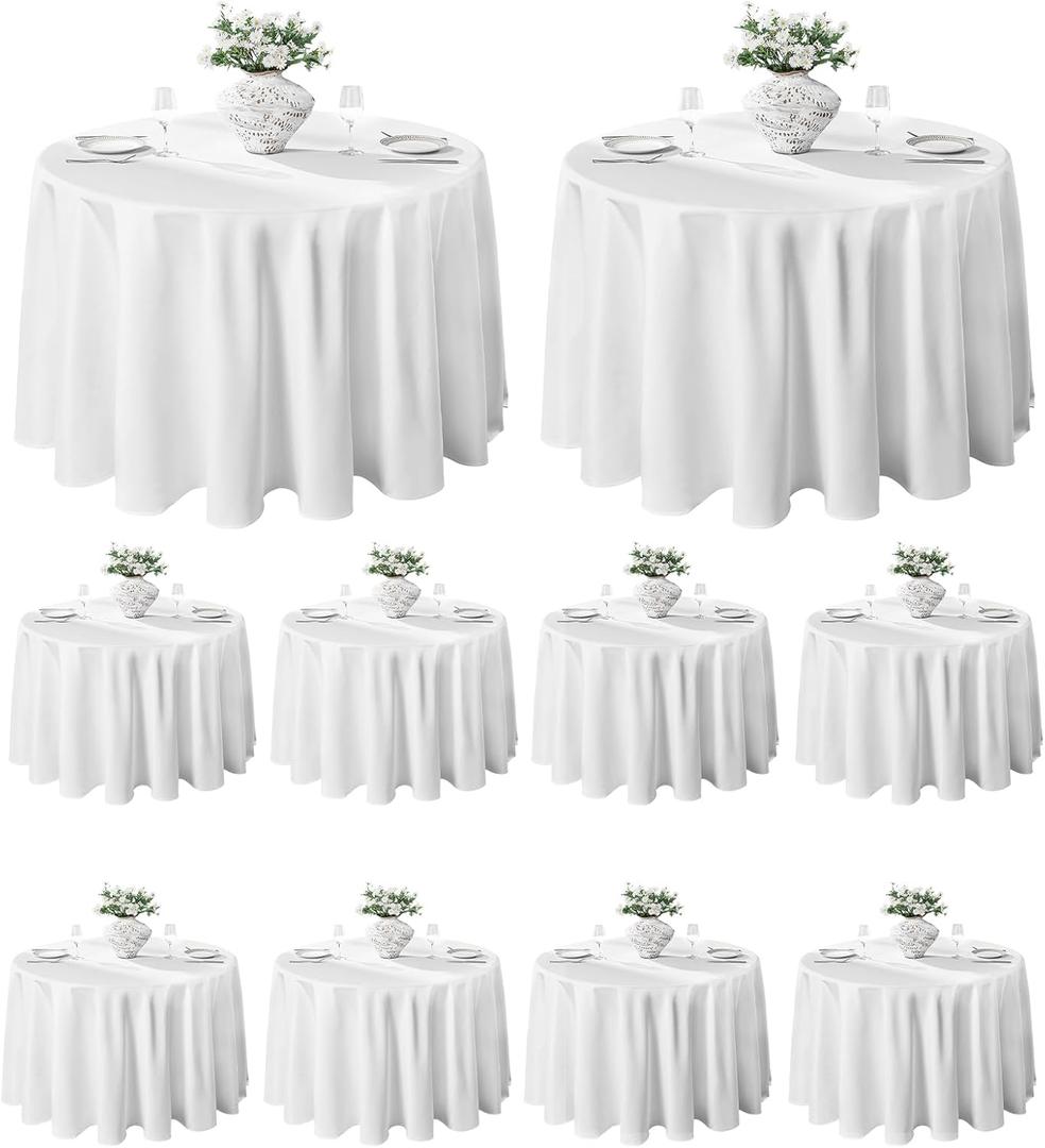 VidaFete 10 Pack 120inch Round Tablecloth Polyester Table Cloth, Stain Resistant and Wrinkle Polyester Dining Table Cover for Kitchen Dinning Party Wedding Round Tabletop Buffet Decoration(White)