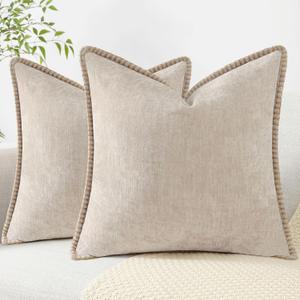 decorUhome Chenille Soft Throw Pillow Covers 24x24 Set of 2, Farmhouse Velvet Neutral Decorative Euro Pillow Covers with Stitched Edge for Couch Sofa Bed Home Decor, Beige