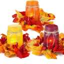 Fall Mason Jar Centerpieces for Tables  Thanksgiving Table Decorations with Autumn Leaves & Berries, Autumn Candle Holder Wreath Rings, Fall Taper Candle Rings for Dining Table