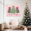 WHCHJ Coquette Christmas Tree Tapestry Backdrop, Merry and Bright Christmas Tapestry Wall Hanging, Preppy Girly Pink Striped Xmas Tapestries Wall Blanket Decor for Party Home Room Dorm, 50x60 Inch