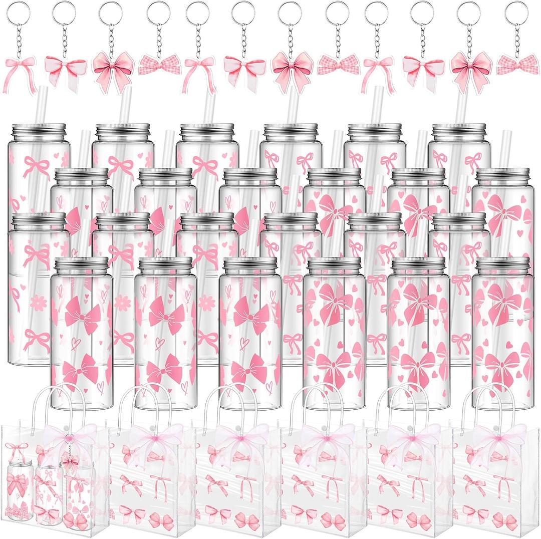 Remerry 24 Set Pink Bow Party Favors, Pink Bow Clear Gift Bags with Handle Plastic Cups with Lid and Straw 13.5 Oz, Acrylic Keychains for Coquette Birthday Party Bridal Shower Gifts
