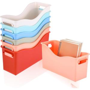 6 Pack Plastic Book Binder Holders, 6 Colors Classroom Storage Bins with Handles, Stackable Organizing Bins for Library Home Office, 13.6X5X7.1 Inch