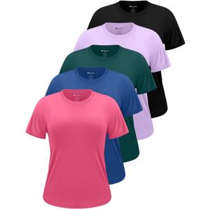 5 Pack Workout Tops for Women Crew Neck Dry Fit Short Sleeve Athletic T-Shirts for Gym Pilates Yoga Fitness Wear, Medium