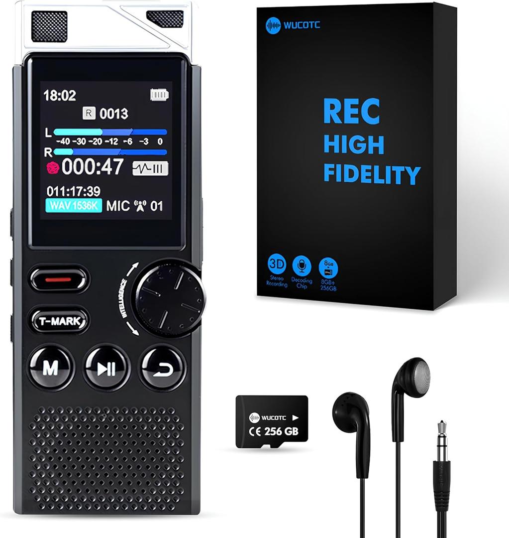 Wucotc Professional 264GB WUCOTC Digital Voice Recorder - Voice Activated Recorder for Lectures Meetings - 18000 Hours Recording Device with Playback, MP3 Player, Password Protection, Variable Speed, Black