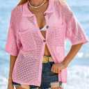 Fisoew Womens Crochet Lightweight Cardigan Sweaters Short Sleeve Summer Button Down Collared Loose Cover Up Shirts (Pink, M)