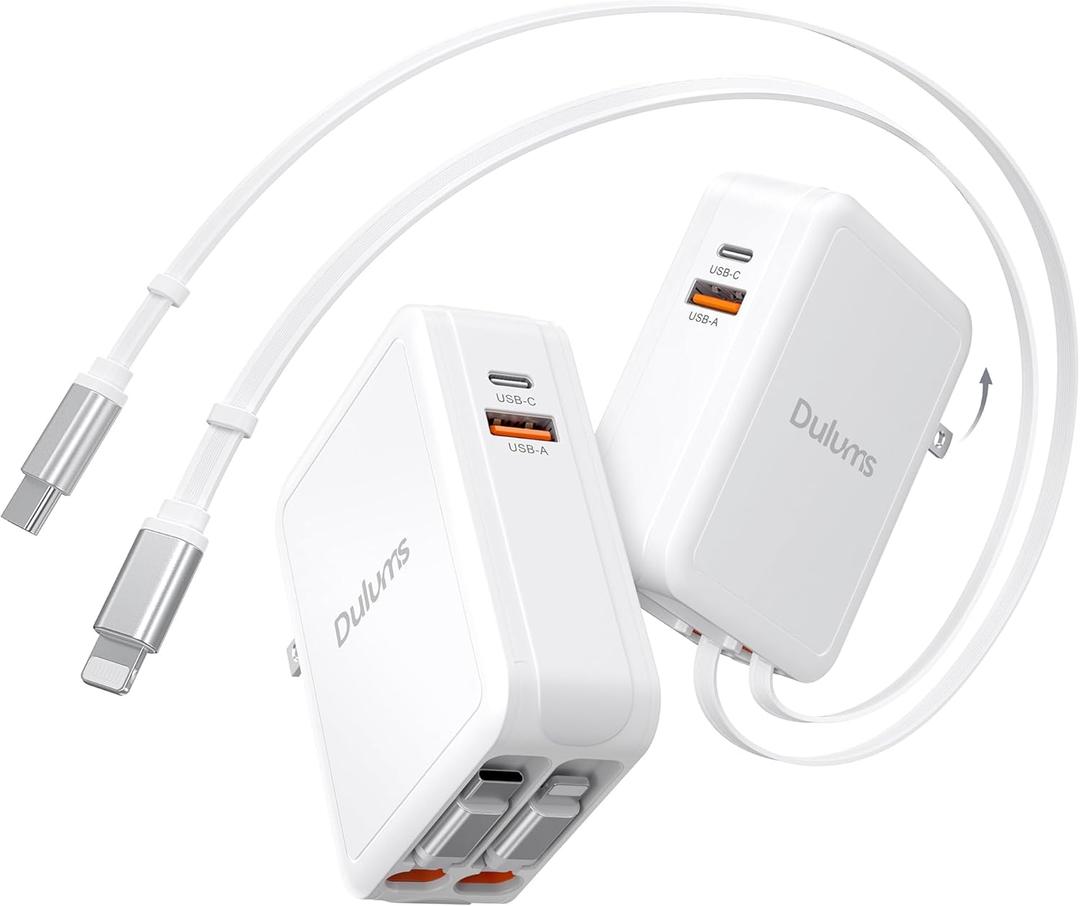 2026 Updated 65W Retractable Phone Charger,1 Pack Retractable Gan Wall Charger with 2.6FT Lightening+ Type C Cables,4-in-1 Travel Essentials Brick Multiport for Mac Book Pro/Air,iPhone 17,iPad,Galaxy