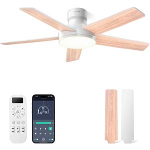 AKOFUN Ceiling Fans with Lights and Remote, Low Profile Ceiling Fan with Light, APP, 6 Speed, Dimmable, DC Motor, Quiet, Timer, Flush Mount Modern Ceiling Fan for Bedroom Living Room (44 inch, White)