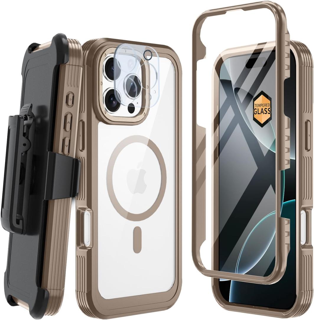 Magnetic for iPhone 16 Pro Max 6.9" Case, Compatible with MagSafe, Full Body Rugged Case with Built-in Screen Protector & Kickstand & Belt-Clip (Gold)