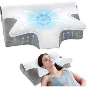 Effective Pain Relief Cervical Neck Pillow for Sleeping, Memory Foam Pillows for Neck Support, Odorless Contour Side Pillow, Ergonomic Bed Pillow for Back Stomach Sleeper (White and Grey)