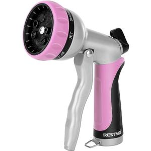 RESTMO Garden Hose Nozzle, Heavy Duty Metal Water Hose Nozzle with 7 Adjustable Spray Patterns, High Pressure Hand Sprayer with Flow Control, Best for Watering Plant & Lawn, Washing Car & Pet, Pink