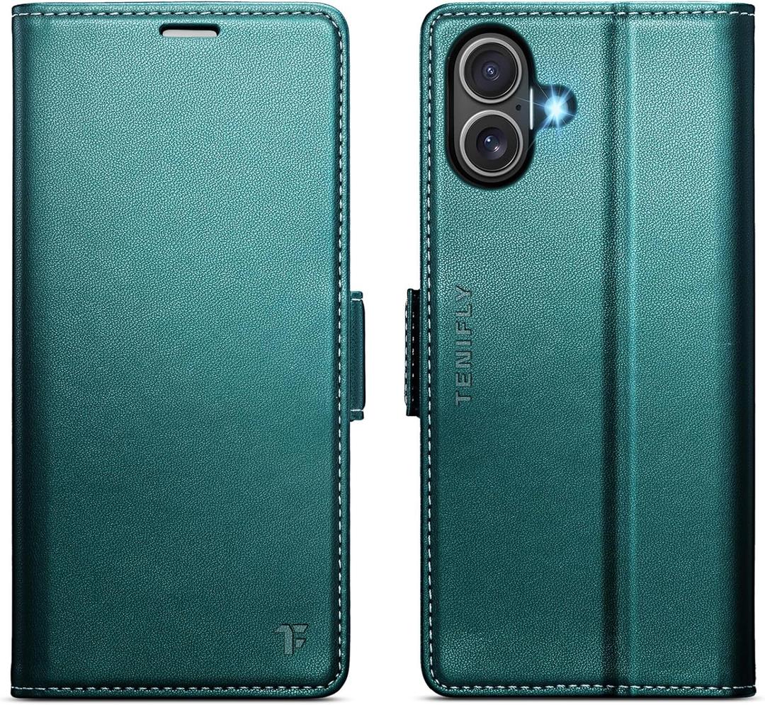 for iPhone 17 Case Wallet with RFID Blocking Card Holder, PU Leather Kickstand Protective Flip Phone Cover Fit for iPhone 17 6.3" Bluish Green