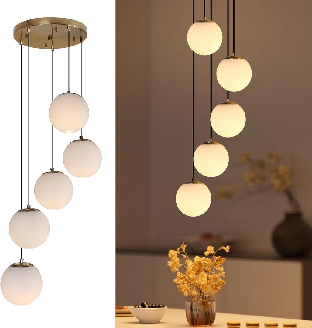 Modern Globe Cluster Chandeliers, 5-Light White Glass Pendant Light Multi Cluster Pendant Lighting Mid Century Chandelier for Living Room Staircase Foyer Entryway, Brass, 5 Lights | 1 Pack