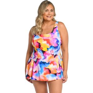 Maxine of Hollywood Women's Standard Seam Front Swim Dress One Piece Swimsuit (22, Multi//Watercolor Bliss)