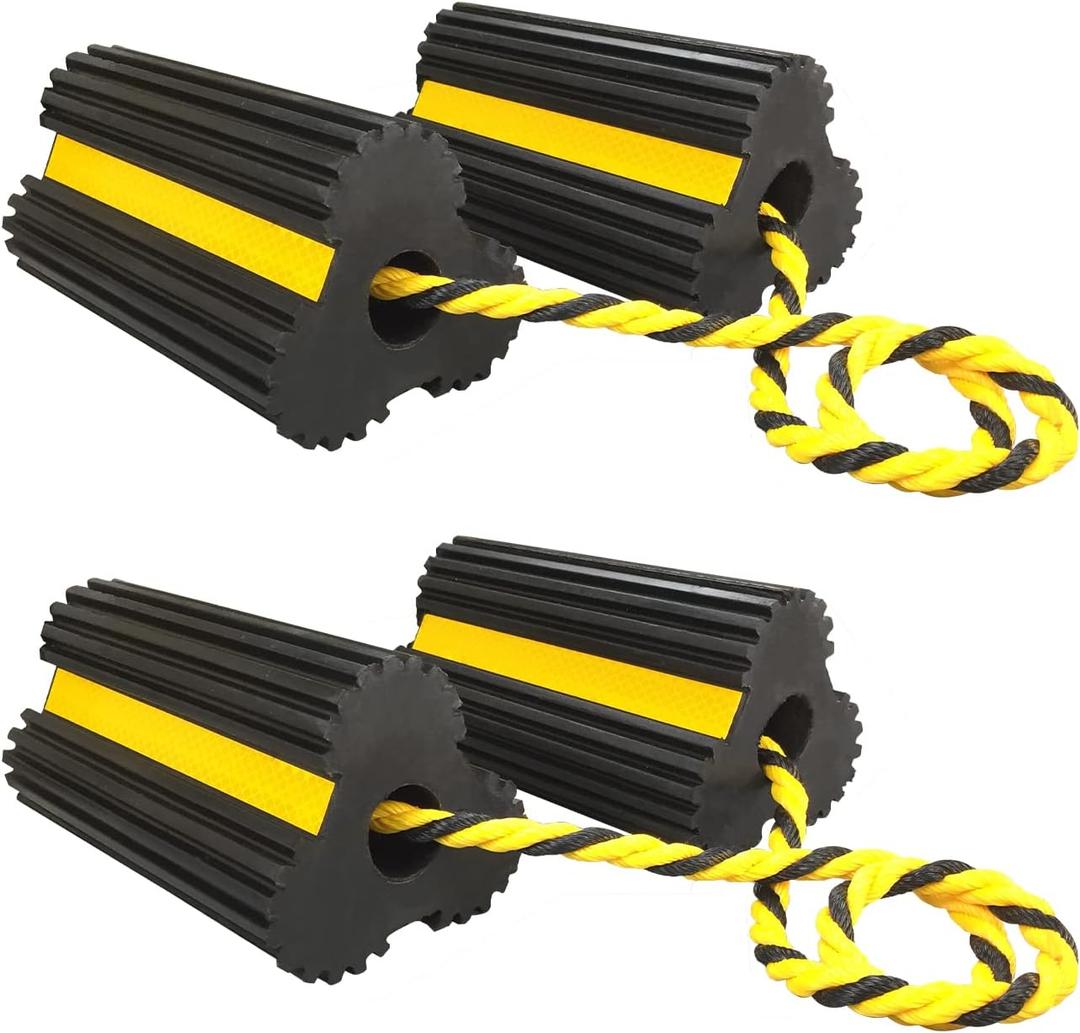 2 Pair Rubber Heavy Duty Dual Wheel Chocks Front and Back, RV Leveling Blocks Non Slip Base with Nylon Rope Yellow Reflective Tape for Travel Trailers, Car, Camper, Truck (4 Pack)